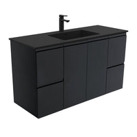 Fienza Fingerpull Satin Black 1200 Wall Hung Cabinet, Solid Doors , With Moulded Basin-Top - Montana Solid Surface