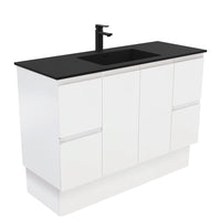 Fienza Fingerpull Satin White 1200 Cabinet on Kickboard, Solid Doors , With Moulded Basin-Top - Montana Solid Surface