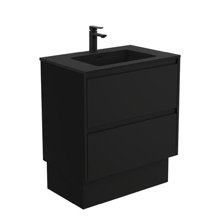 Fienza Amato Satin Black 750 Cabinet on Kickboard, Solid Panels, Bevelled Edge , With Moulded Basin-Top - Montana Solid Surface Satin Black Panels