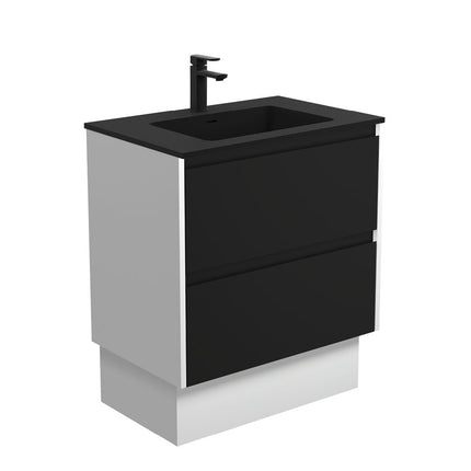 Fienza Amato Satin Black 750 Cabinet on Kickboard, Solid Panels, Bevelled Edge , With Moulded Basin-Top - Montana Solid Surface Satin White Panels