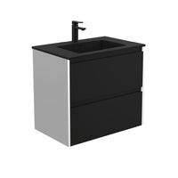 Fienza Amato Satin Black 750 Wall Hung Cabinet, Solid Panels, Bevelled Edge , With Moulded Basin-Top - Montana Solid Surface Satin White Panels