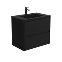 Fienza Amato Satin Black 750 Wall Hung Cabinet, Solid Panels, Bevelled Edge , With Moulded Basin-Top - Montana Solid Surface Satin Black Panels