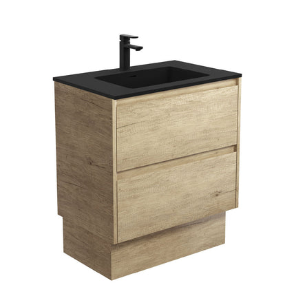 Fienza Amato Scandi Oak 750 Cabinet on Kickboard, Solid Panels, Bevelled Edge , With Moulded Basin-Top - Montana Solid Surface Scandi Oak Panels