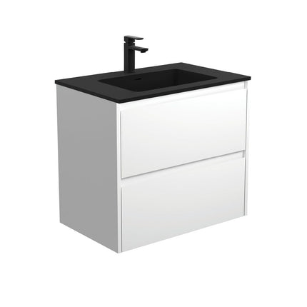 Fienza Amato Satin White 750 Wall Hung Cabinet, Solid Panels, Bevelled Edge , With Moulded Basin-Top - Montana Solid Surface Satin White Panels
