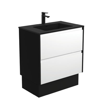 Fienza Amato Satin White 750 Cabinet on Kickboard, Solid Panels, Bevelled Edge , With Moulded Basin-Top - Montana Solid Surface Satin Black Panels