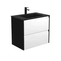 Fienza Amato Satin White 750 Wall Hung Cabinet, Solid Panels, Bevelled Edge , With Moulded Basin-Top - Montana Solid Surface Satin Black Panels
