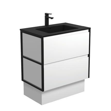 Fienza Amato Satin White 750 Cabinet on Kickboard, Solid Panels, Bevelled Edge , With Moulded Basin-Top - Montana Solid Surface Matte Black Frames