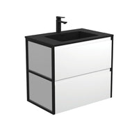 Fienza Amato Satin White 750 Wall Hung Cabinet, Solid Panels, Bevelled Edge , With Moulded Basin-Top - Montana Solid Surface Matte Black Frames