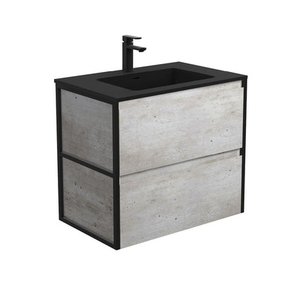 Fienza Amato Industrial 750 Wall Hung Cabinet, Solid Panels, Bevelled Edge , With Moulded Basin-Top - Montana Solid Surface Matte Black Frames