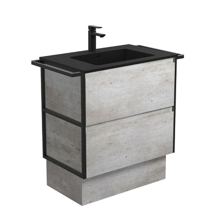 Fienza Amato Industrial 750 Cabinet on Kickboard, Solid Panels, Bevelled Edge , With Moulded Basin-Top - Montana Solid Surface Matte Black Towel Rails