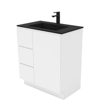 Fienza Fingerpull Gloss White 750 Cabinet on Kickboard, Solid Door , With Moulded Basin-Top - Montana Solid Surface Left Hand Drawer