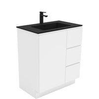 Fienza Fingerpull Gloss White 750 Cabinet on Kickboard, Solid Door , With Moulded Basin-Top - Montana Solid Surface Right Hand Drawer