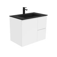 Fienza Fingerpull Gloss White 750 Wall Hung Cabinet, Solid Door , With Moulded Basin-Top - Montana Solid Surface Right Hand Drawer