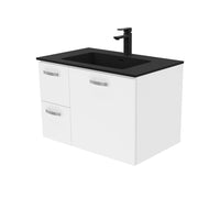 Fienza UniCab Gloss White 750 Wall Hung Cabinet, Solid Door , With Moulded Basin-Top - Montana Solid Surface Left Hand Drawer