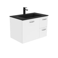 Fienza UniCab Gloss White 750 Wall Hung Cabinet, Solid Door , With Moulded Basin-Top - Montana Solid Surface Right Hand Drawer