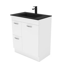 Fienza UniCab Gloss White 750 Cabinet on Kickboard , With Moulded Basin-Top - Montana Solid Surface Left Hand Drawer