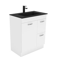 Fienza UniCab Gloss White 750 Cabinet on Kickboard , With Moulded Basin-Top - Montana Solid Surface Right Hand Drawer