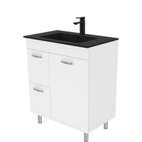 Fienza UniCab 750 Gloss White Cabinet on Legs, Left Hand Drawers, Solid Doors , With Moulded Basin-Top - Montana Solid Surface