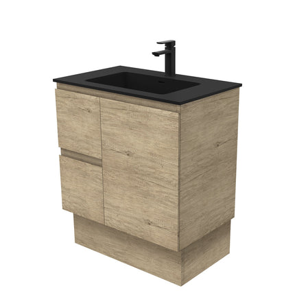 Fienza Edge Scandi Oak 750 Cabinet on Kickboard, Bevelled Edge , With Moulded Basin-Top - Montana Solid Surface Left Hand Drawer