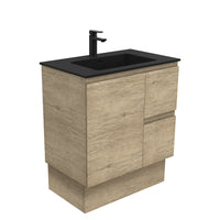Fienza Edge Scandi Oak 750 Cabinet on Kickboard, Bevelled Edge , With Moulded Basin-Top - Montana Solid Surface Right Hand Drawer