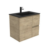 Fienza Edge Scandi Oak 750 Wall Hung Cabinet, Solid Door , With Moulded Basin-Top - Montana Solid Surface Right Hand Drawer