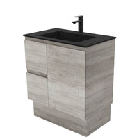 Fienza Edge Industrial 750 Cabinet on Kickboard, Bevelled Edge , With Moulded Basin-Top - Montana Solid Surface Left Hand Drawer