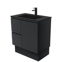 Fienza Fingerpull Satin Black 750 Cabinet on Kickboard , With Moulded Basin-Top - Montana Solid Surface Left Hand Drawer