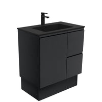 Fienza Fingerpull Satin Black 750 Cabinet on Kickboard , With Moulded Basin-Top - Montana Solid Surface Right Hand Drawer