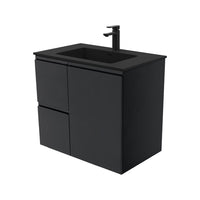 Fienza Fingerpull Satin Black 750 Wall Hung Cabinet, Solid Door , With Moulded Basin-Top - Montana Solid Surface Left Hand Drawer