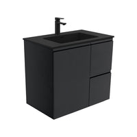 Fienza Fingerpull Satin Black 750 Wall Hung Cabinet, Solid Door , With Moulded Basin-Top - Montana Solid Surface Right Hand Drawer