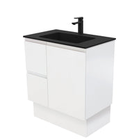Fienza Fingerpull Satin White 750 Cabinet on Kickboard , With Moulded Basin-Top - Montana Solid Surface Left Hand Drawer