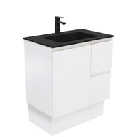 Fienza Fingerpull Satin White 750 Cabinet on Kickboard , With Moulded Basin-Top - Montana Solid Surface Right Hand Drawer