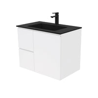 Fienza Fingerpull Satin White 750 Wall Hung Cabinet, Solid Door , With Moulded Basin-Top - Montana Solid Surface Left Hand Drawer
