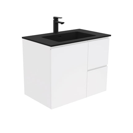 Fienza Fingerpull Satin White 750 Wall Hung Cabinet, Solid Door , With Moulded Basin-Top - Montana Solid Surface Right Hand Drawer