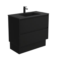 Fienza Amato Satin Black 900 Cabinet on Kickboard, Solid Panels, Bevelled Edge , With Moulded Basin-Top - Montana Solid Surface Satin Black Panels