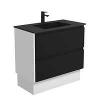 Fienza Amato Satin Black 900 Cabinet on Kickboard, Solid Panels, Bevelled Edge , With Moulded Basin-Top - Montana Solid Surface Satin White Panels