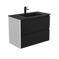 Fienza Amato Satin Black 900 Wall Hung Cabinet, 2 Solid Drawers, Bevelled Edge , With Moulded Basin-Top - Montana Solid Surface Satin White Panels