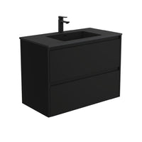 Fienza Amato Satin Black 900 Wall Hung Cabinet, 2 Solid Drawers, Bevelled Edge , With Moulded Basin-Top - Montana Solid Surface Satin Black Panels