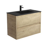 Fienza Amato Scandi Oak 900 Wall Hung Cabinet, 2 Solid Drawers, Bevelled Edge , With Moulded Basin-Top - Montana Solid Surface Scandi Oak Panels