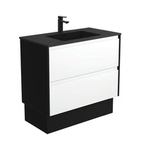 Fienza Amato Satin White 900 Cabinet on Kickboard, Solid Panels, Bevelled Edge , With Moulded Basin-Top - Montana Solid Surface Satin Black Panels