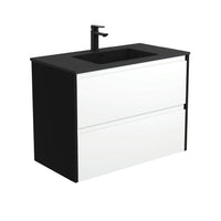 Fienza Amato Satin White 900 Wall Hung Cabinet, 2 Solid Drawers, Bevelled Edge , With Moulded Basin-Top - Montana Solid Surface Satin Black Panels