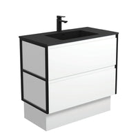 Fienza Amato Satin White 900 Cabinet on Kickboard, Solid Panels, Bevelled Edge , With Moulded Basin-Top - Montana Solid Surface Matte Black Frames