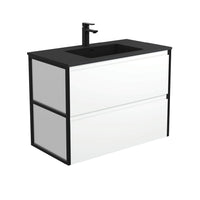 Fienza Amato Satin White 900 Wall Hung Cabinet, 2 Solid Drawers, Bevelled Edge , With Moulded Basin-Top - Montana Solid Surface Matte Black Frames