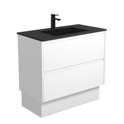 Fienza Amato Satin White 900 Cabinet on Kickboard, Solid Panels, Bevelled Edge , With Moulded Basin-Top - Montana Solid Surface Satin White Panels