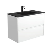 Fienza Amato Satin White 900 Wall Hung Cabinet, 2 Solid Drawers, Bevelled Edge , With Moulded Basin-Top - Montana Solid Surface Satin White Panels