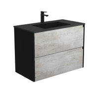 Fienza Amato Industrial 900 Wall Hung Cabinet, 2 Solid Drawers, Bevelled Edge , With Moulded Basin-Top - Montana Solid Surface Satin Black Panels