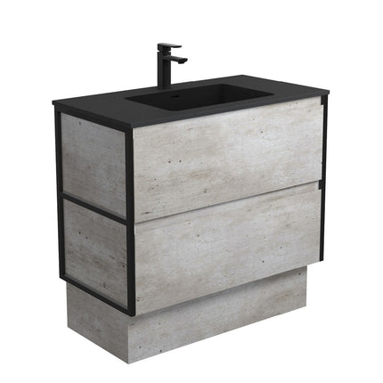 Fienza Amato Industrial 900 Cabinet on Kickboard, Solid Panels, Bevelled Edge , With Moulded Basin-Top - Montana Solid Surface Matte Black Frames