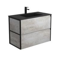 Fienza Amato Industrial 900 Wall Hung Cabinet, 2 Solid Drawers, Bevelled Edge , With Moulded Basin-Top - Montana Solid Surface Matte Black Frames
