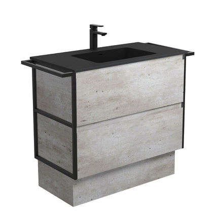 Fienza Amato Industrial 900 Cabinet on Kickboard, Solid Panels, Bevelled Edge , With Moulded Basin-Top - Montana Solid Surface Matte Black Towel Rails