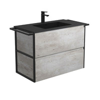 Fienza Amato Industrial 900 Wall Hung Cabinet, 2 Solid Drawers, Bevelled Edge , With Moulded Basin-Top - Montana Solid Surface Matte Black Towel Rails